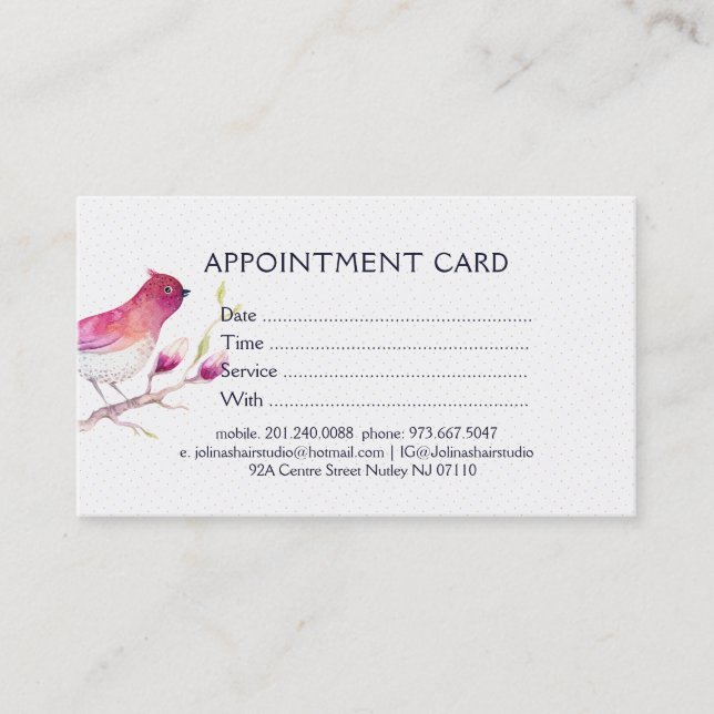 Watercolors Illustration Bird & Pink Magnolia Appointment Card (Front)