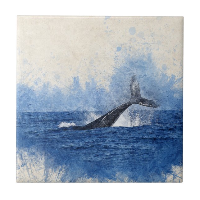 watercolors, ocean whale blue ceramic tile (Front)