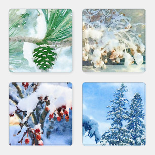 Watercolors of Nature’s Winter Snow Scenes Coaster Set