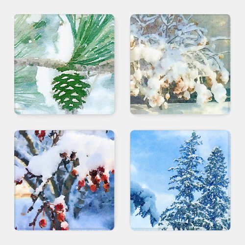 Watercolors of Natures Winter Snow Scenes Coaster Set