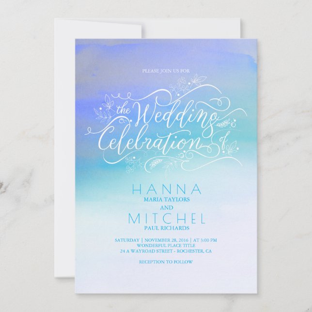 Watercolors Ombre Blue Modern Typography Wedding Invitation (Front)