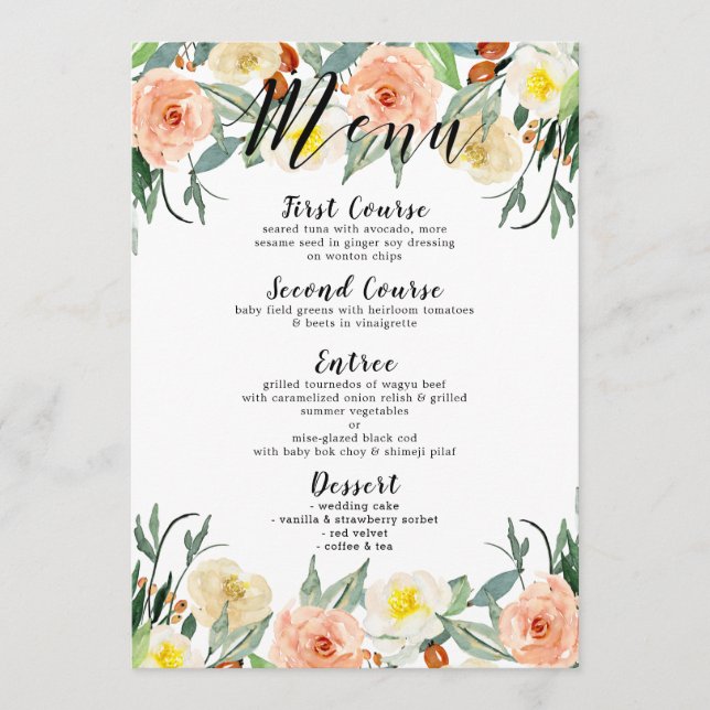 Watercolors Peach & White Garden Flowers Menu (Front)