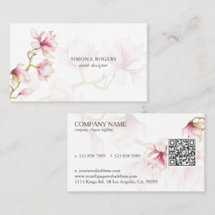 Watercolors Pink Magnolia QR Code Business Card