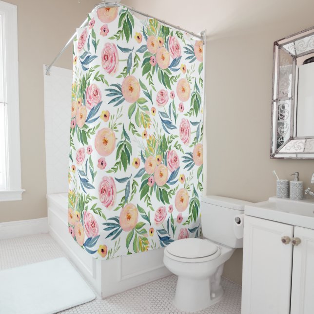 Watercolors pink & peach peonies patter shower curtain (In Situ)