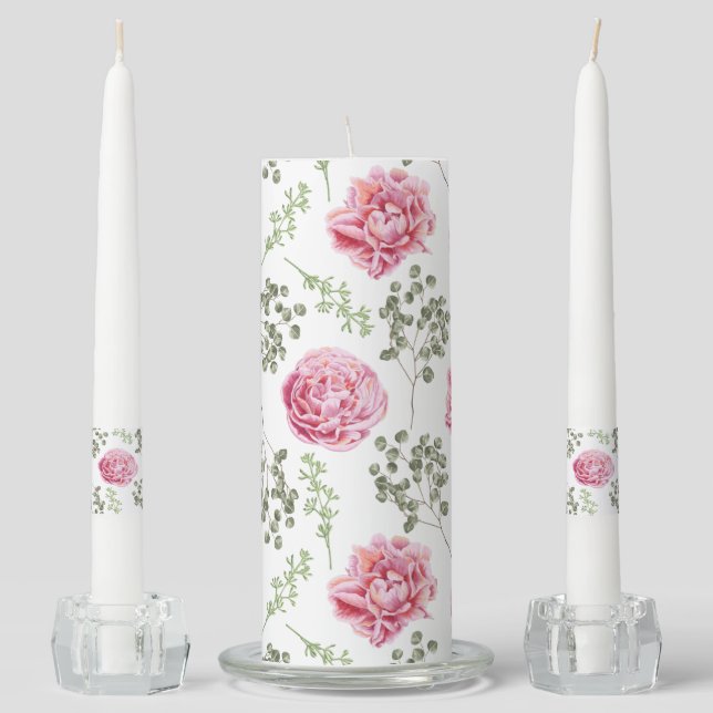 Watercolors Pink Roses Pattern Unity Candle Set (Front)