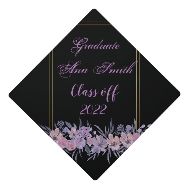 Watercolors purple flowers graduation cap topper (Front)