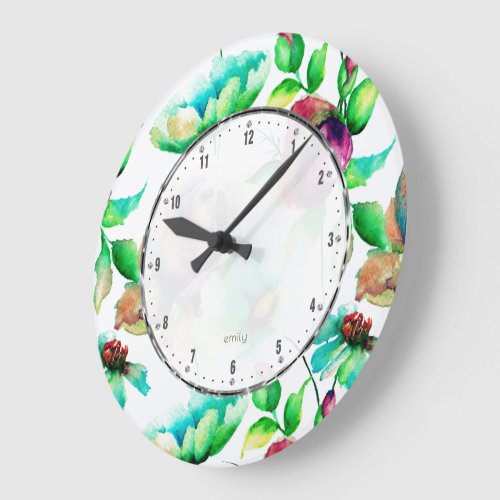 Watercolors Red Budding Roses On Blond Wood Large Clock