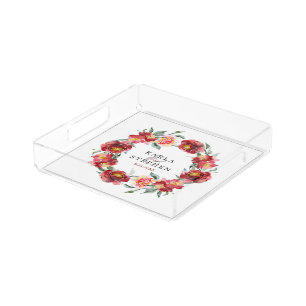 Watercolors Red Garden flowers Acrylic Tray
