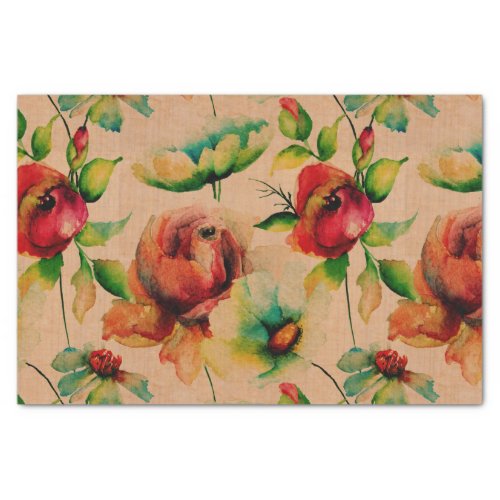 Watercolors Red Roses On Wood Tissue Paper