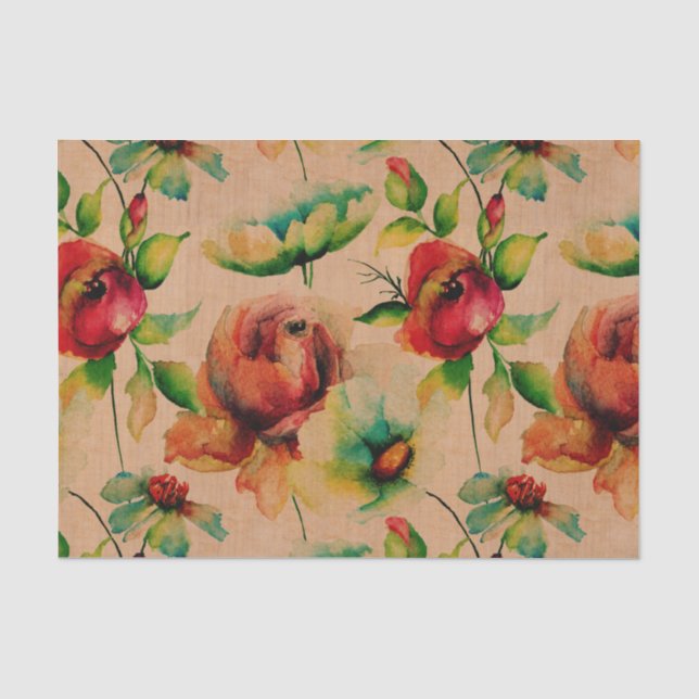 Watercolors Red Roses On Wood Tissue Paper (Front)