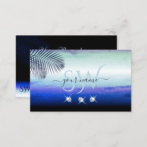 Watercolors Sky Clouds Sparkling Diamonds Monogram Business Card