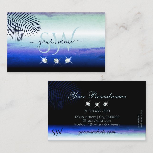 Watercolors Sky Clouds Sparkling Diamonds Monogram Business Card (Front/Back)
