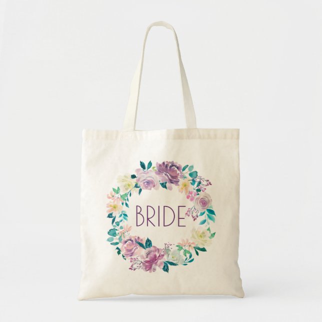 Watercolors Summer Flowers Wreath Bride Text Tote Bag (Front)