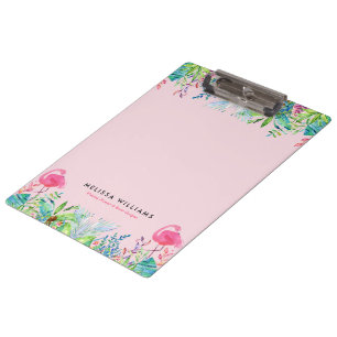 Watercolors Tropical flowers & pink flamingos Clipboard