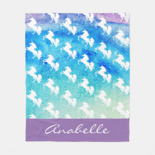 Watercolors White Unicorns Pattern Personalized Fleece Blanket