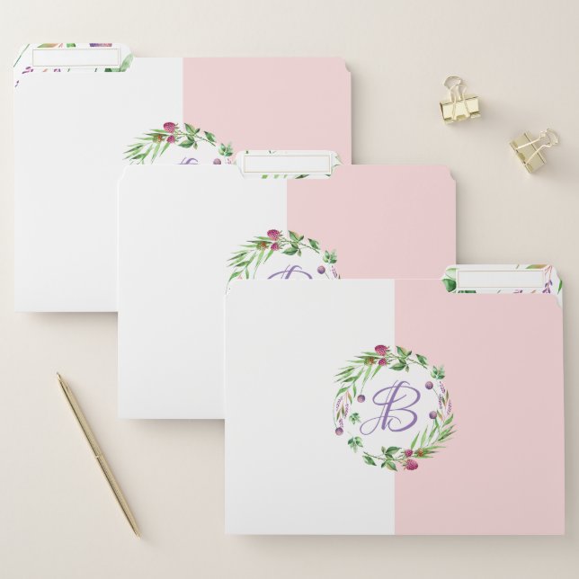 Watercolors Wreath & Modern Typography Monogram File Folder (Set)