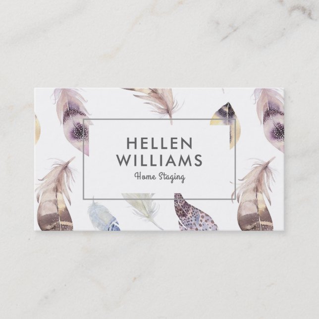Watercolorsrs boho feathers pattern business card (Front)