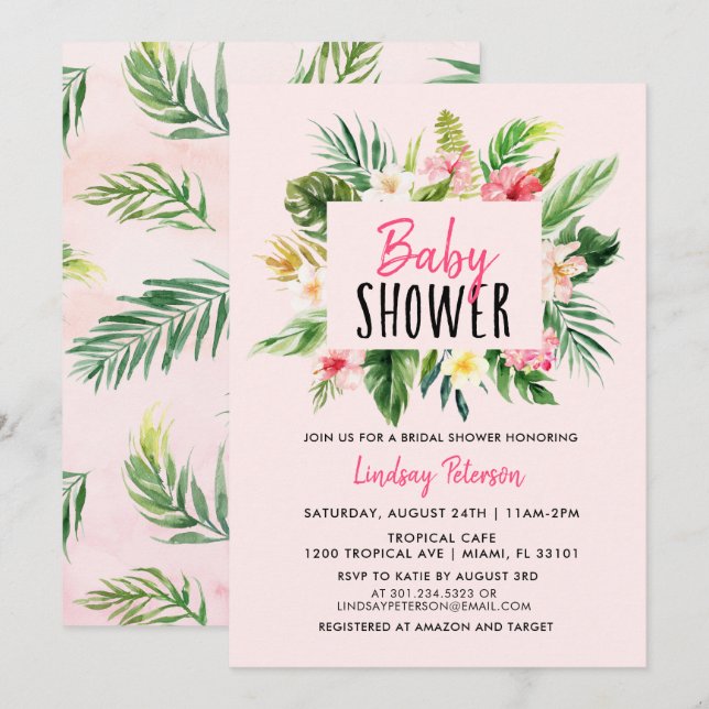 WatercolorTropical Flowers Baby Shower Invitation (Front/Back)