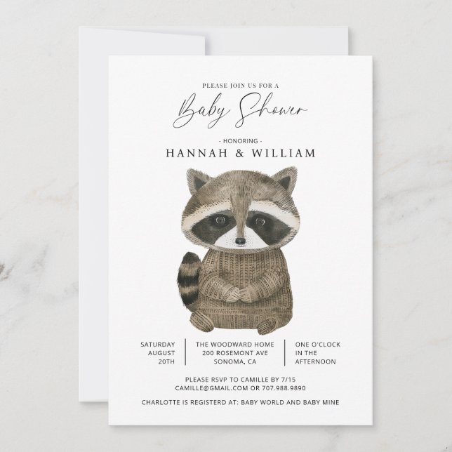WatercolorWoodland Animal Raccoon Baby Shower Invitation (Front)