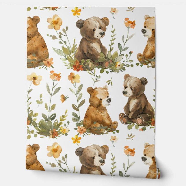 Watercolot bear and flower seamless pattern wallpaper  (Unrolling)