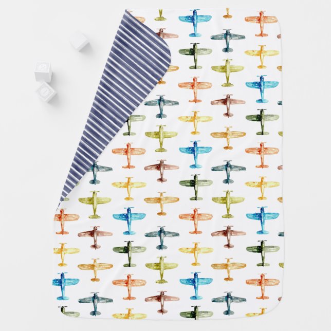 Watercolour Airplanes (reversible) Baby Blanket (In Situ)