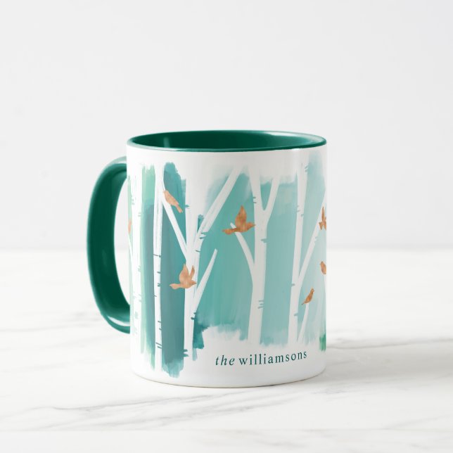 Watercolour Aqua Wash Birch Trees & Gold Doves Mug (Front Left)