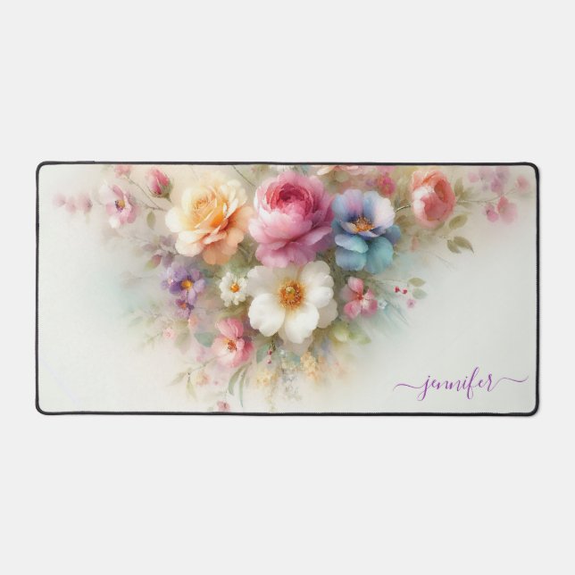 Watercolour Aquarell Floral Custom Name Modern Desk Mat (Front)
