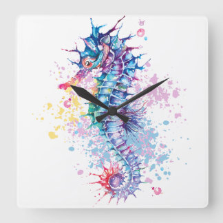 Watercolour artwork of colorful Seahorse Square Wall Clock