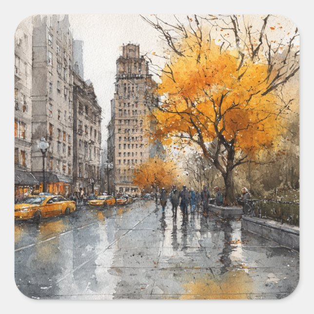 Watercolour Autumn in New York Square Sticker (Front)