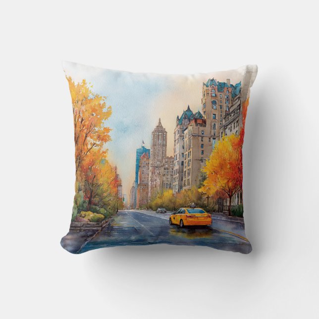 Watercolour Autumn in New York Throw Pillow (Front)