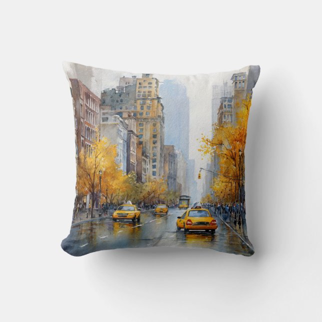 Watercolour Autumn in New York Throw Pillow (Front)