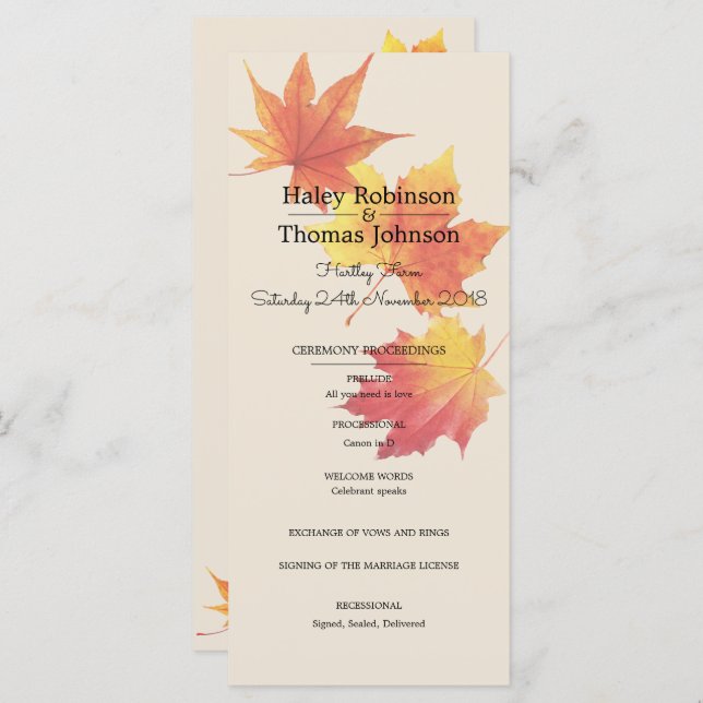 Watercolour Autumn Leaves Ceremony Program (Front/Back)