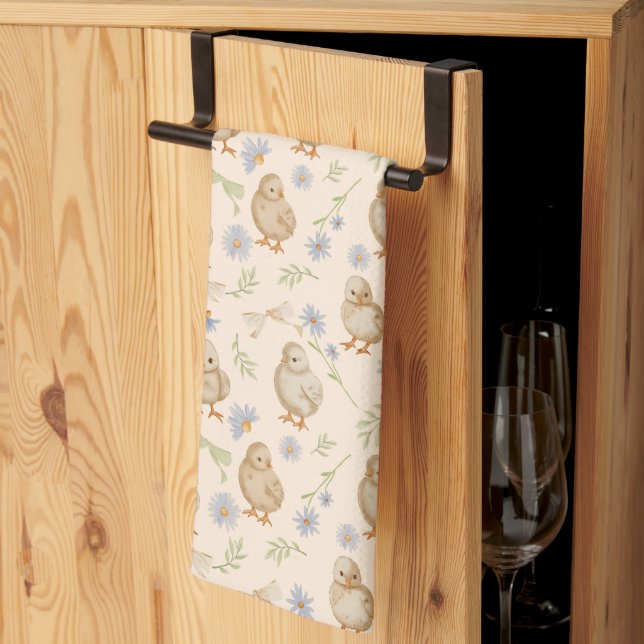 Watercolour Baby Chicks Floral Pattern - Cream Kitchen Towel (Thirds Fold)