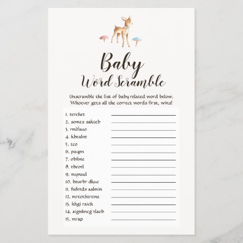 Watercolour Baby Deer Baby UK Word Scramble Game Flyer