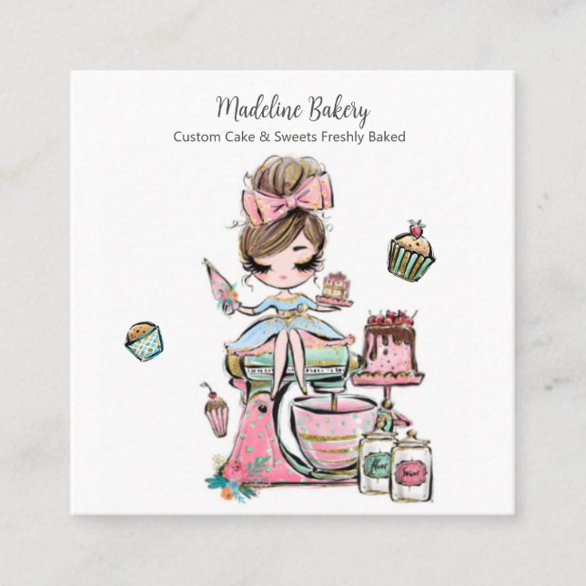 Watercolour Bakery Mixer Pastry Sweets Cakes     Square Business Card (Front)