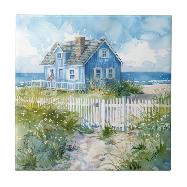 Watercolour Beach Cottage Ceramic Tile (Front)