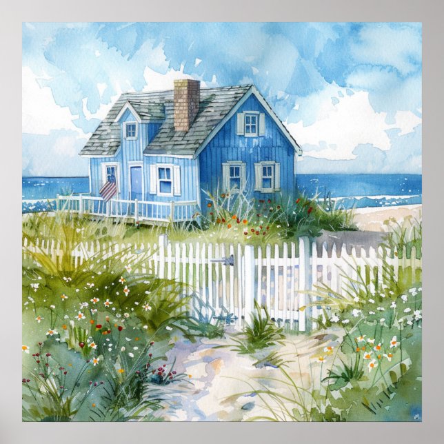 Watercolour Beach Cottage Poster (Front)