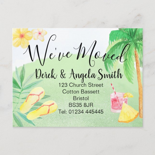 Watercolour beach theme  Change of address, Announcement Postcard (Front)