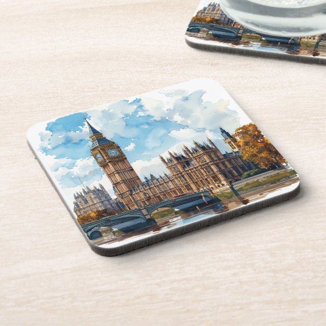 Watercolour Big Ben Westminster Palace London Beverage Coaster (Left Side)