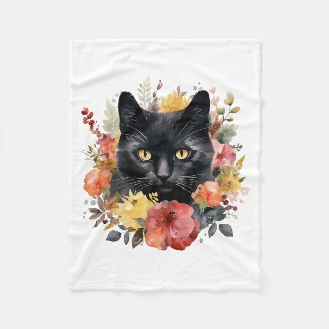 Watercolour Black Cat Fleece Blanket (Front)