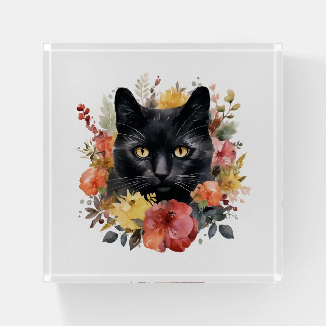 Watercolour Black Cat Paperweight (Front)