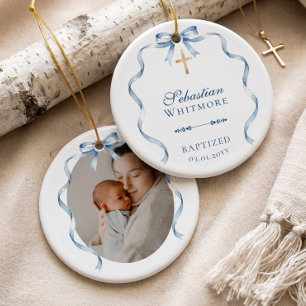 Watercolour Blue Bow Cross Baptism Photo Keepsake Ceramic Ornament