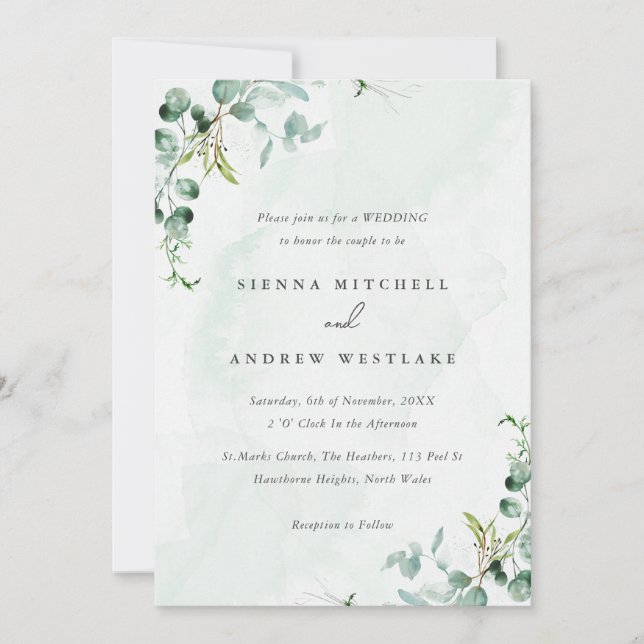Watercolour Blue Eucalyptus Greenery Wedding  Invitation (Front)