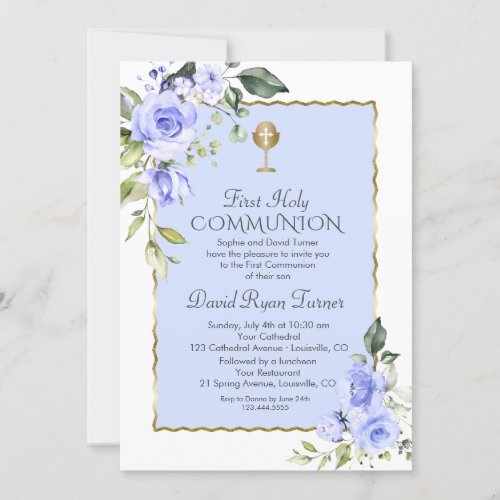 Watercolour Blue Flowers First Holy Communion Invitation
