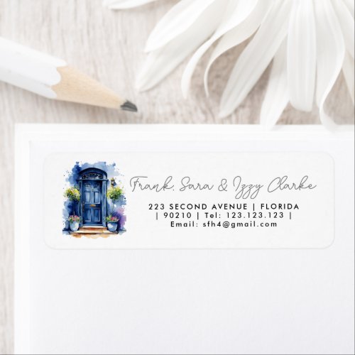 watercolour blue front door elegant wedding label