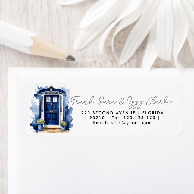 watercolour blue front door elegant wedding label (Insitu)
