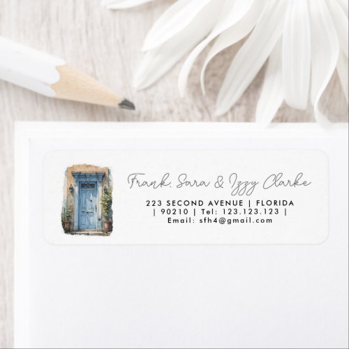 watercolour blue front door elegant wedding label