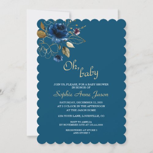 Watercolour Blue Gold Floral Monogram Baby Shower Invitation