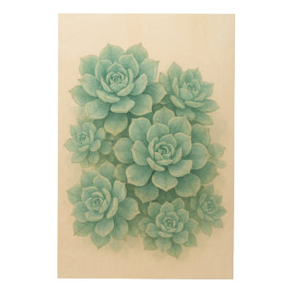 Watercolour Blue-Green Succulent Cluster Wood Wall Art