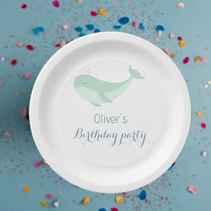 Watercolour Blue Green Whale Birthday Party Paper Plates